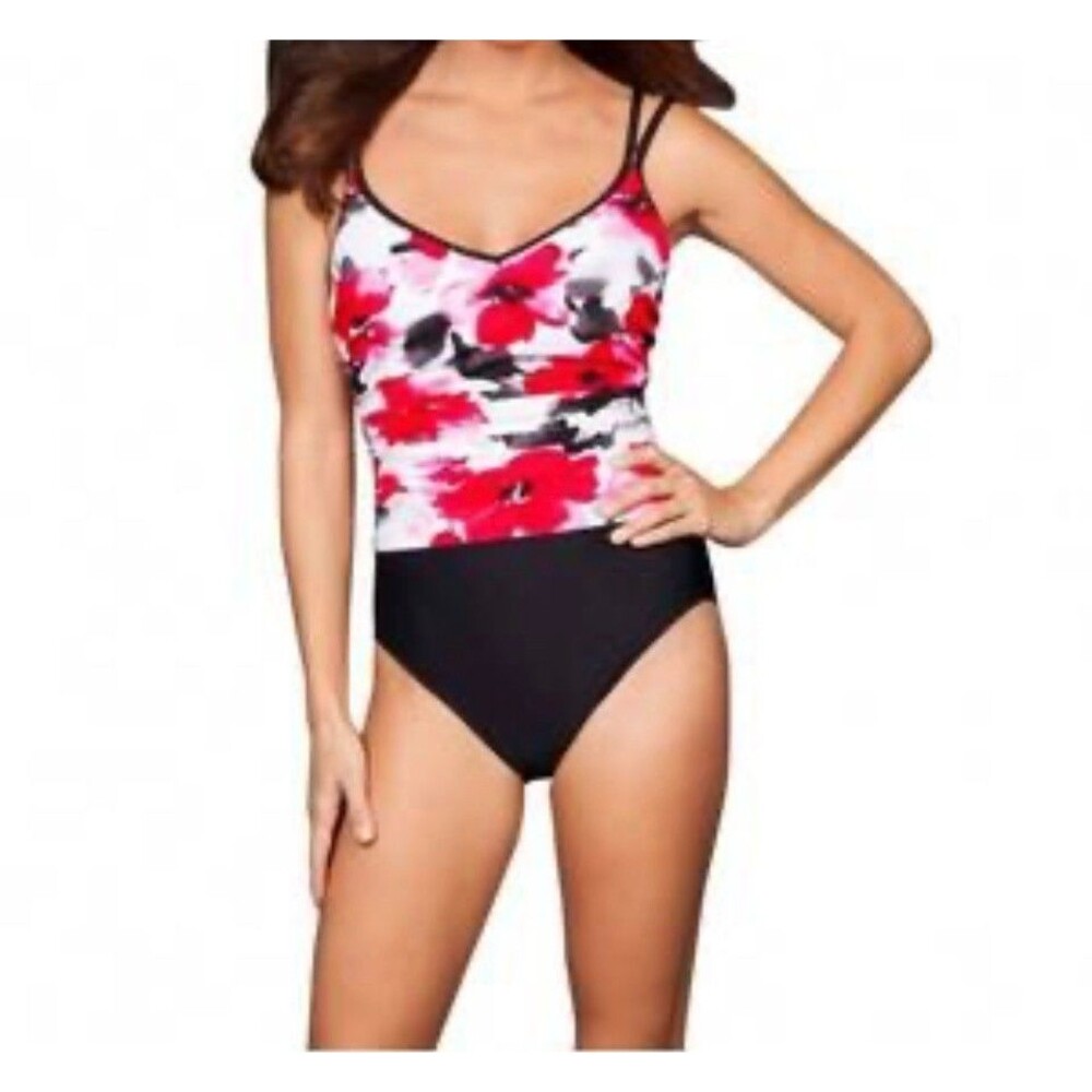 Miraclesuit Slimming One Piece Swimsuit Ruched Black Pink Tropical Sz 10 Padded